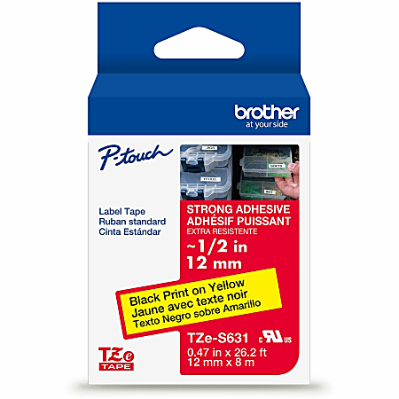 Brother P-Touch TzeS631, Strong Adhesive Laminated,  ~1/2in x 26.2ft (12mm x 8m), Black on Yellow Label Tape