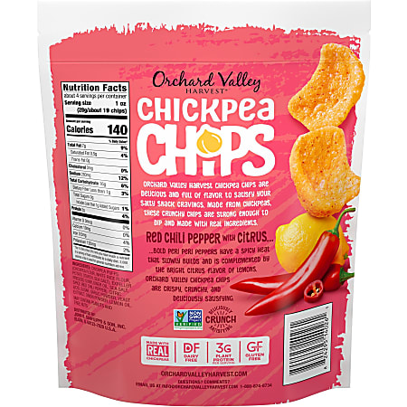 Orchard Valley Harvest Red Chili Pepper with Citrus Chickpea Chips - Gluten-free, Individually Wrapped - Spicy - 1 Serving Bag - 3.75 oz - 6 / Carton Orchard Valley Harvest Red Chili Pepper with Citrus Chickpea Chips - Gluten-free, Individually Wrapped - Spicy - 1 Serving Bag - 3.75 oz - 6 / Carton
