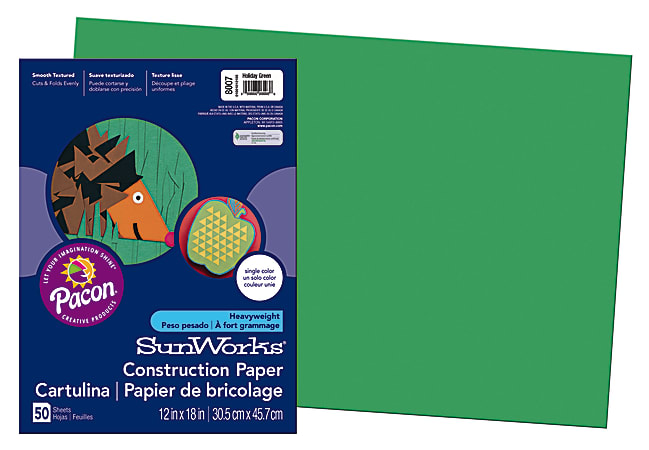 SunWorks® Construction Paper, 12" x 18", Holiday Green, Pack Of 50