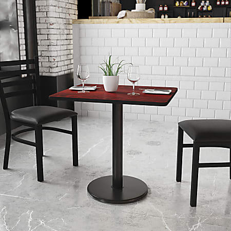 Flash Furniture Rectangular Laminate Table Top With Round Table Height Base, 31-3/16”H x 24”W x 30”D, Mahogany