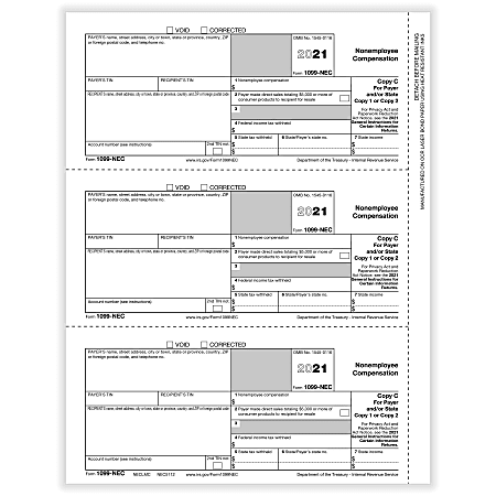 ComplyRight™ 1099-NEC Tax Forms, 3-Up, Payer Copy C, Laser, 8-1/2" x 11", Pack Of 150 Forms