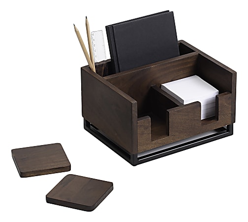 Realspace&reg; Acadia Wood/Metal Desktop Organizer With Coasters, 8-3/4" x 7", Walnut/Black