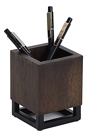 Realspace® Acadia Wood/Metal Pen Cup, 4-1/4"H x 3-1/4"W x 3-1/4"D, Walnut/Black