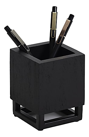 Realspace® Acadia Wood/Metal Pen Cup, 4-1/4"H x 3-1/4"W x 3-1/4"D, Black