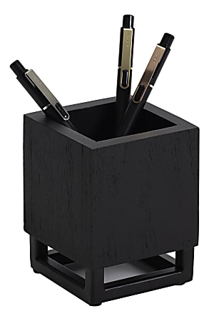 Realspace&reg; Acadia Wood/Metal Pen Cup, 4-1/4"H x 3-1/4"W x 3-1/4"D, Black