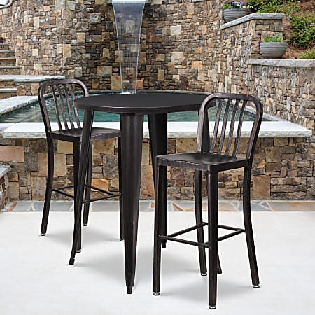 Flash Furniture Commercial-Grade Round Metal Indoor-Outdoor Bar Table Set With 2 Vertical Slat-Back Stools, 41"H x 30"W x 30"D, Black/Antique Gold