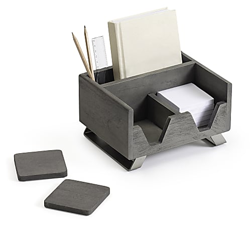 Realspace® Orix Wood/Metal Desktop Organizer With Coasters, 8-3/4" x 7", Gray/Nickel