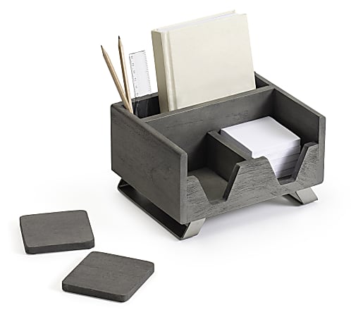 Realspace&reg; Orix Wood/Metal Desktop Organizer With Coasters, 8-3/4" x 7", Gray/Nickel