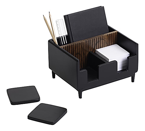 Realspace&reg; Becker Wood/Metal Desktop Organizer With Coasters, 8-3/4" x 7", Natural/Black