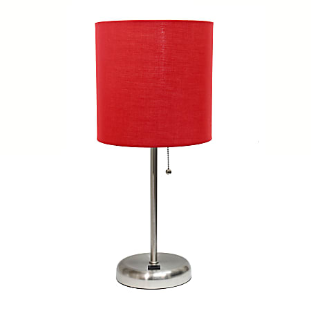 LimeLights Brushed Steel Stick Lamp with USB charging port and Red Fabric Shade
