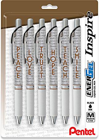 Pentel® EnerGel™ Inspire Pens, Medium Point, 0.7 mm, White Barrel, Black Ink, Pack Of 6 Pens