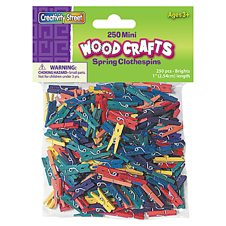 Creativity Street WoodCrafts Bright Mini Clothespins - Mini - 1" Length x 1.5" Width - for Artwork - 250 / Pack - Assorted - Wood, Metal