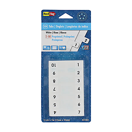 Redi-Tag® Permanent Index Tabs, 1-10, White, 8 Sets (24 Blank), Pack Of 104 Tabs