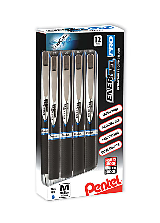 Pentel® EnerGel Pro Rollerball Pens, Medium Point, 0.7 mm, Blue Barrel, Blue Ink, Pack of 12