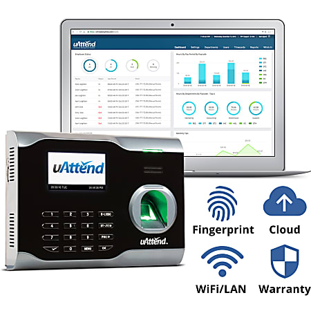 uAttend™ Biometric Time Clock System, BN6500, 5" x 7" x 2", Black