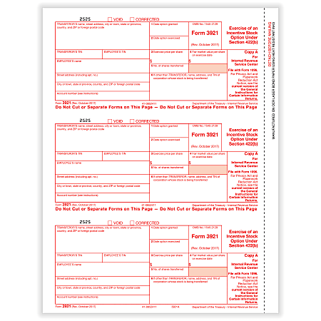 ComplyRight™ 3921 Tax Forms, 3-Up, Federal Copy A, Laser, 8-1/2" x 11", Pack Of 150 Forms
