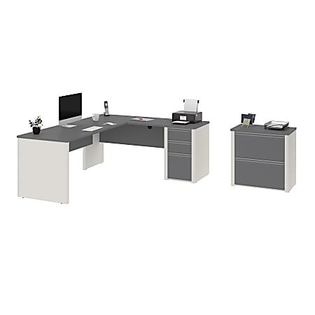 Bestar Connexion 72"W L-Shaped Desk With Lateral File Cabinet, Slate/Sandstone