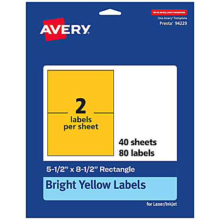 Avery® Printable Labels, 94229-BYP40, Rectangle, 5-1/2" x 8-1/2", Matte Bright Yellow, Pack of 80