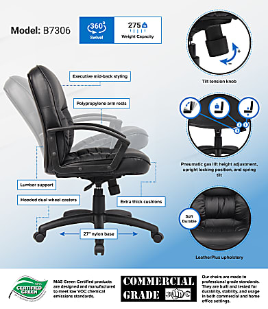 Boss Office Products Overstuffed Ergonomic Vinyl Mid Back Chair