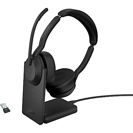 Jabra Evolve2 55 MS Stereo - Headset - on-ear - Bluetooth - wireless - active noise canceling - USB-A via Bluetooth adapter - black - with charging stand - Certified for Microsoft Teams