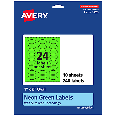 Avery® Print-To-The-Edge Labels With Sure Feed® Technology And Easy Peel® Label Feature, 94053-NGP10, Oval, 1" x 2", Matte Neon Green, Pack of 240