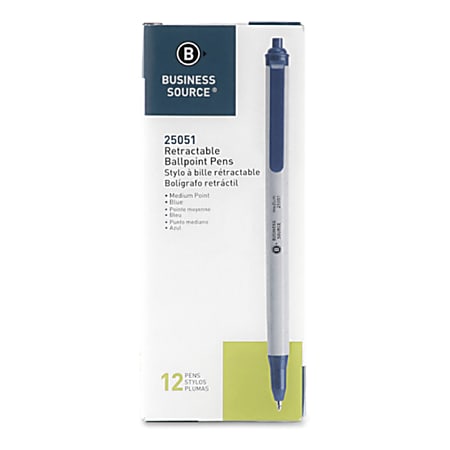Business Source Retractable Ballpoint Pens - Medium Pen Point - Retractable - Blue - Gray Barrel - 12 / Dozen