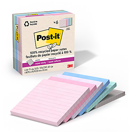 Post-it Paper Super Sticky Notes, 420 Total Notes, Pack Of 6 Pads, 4" x 4", 100% Recycled, Wanderlust Pastels, 70 Sheets Per Pad