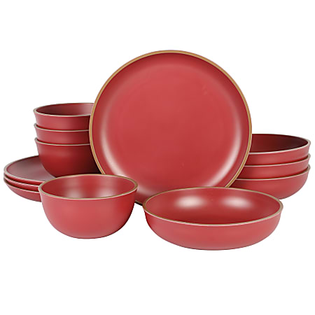 Gibson Home Rockabye 12-Piece Double Bowl Melamine Dinnerware Set, Red
