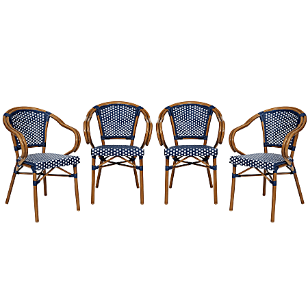 Flash Furniture 4 Pack Bordeaux Indoor/Outdoor Commercial Bistro Stacking Chair with Arms, Navy & White/Natural Frame -4SDAS642142NVWN