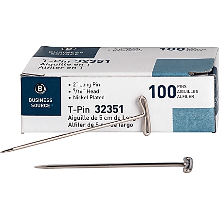 Business Source High Quality Steel T-pins - 0.56" Head - 2" Length x 0.6" Width - 100 / Box - Silver - Steel