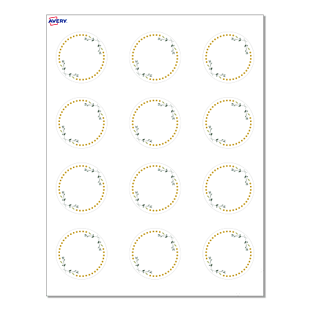 Avery® Print-To-The-Edge Cards With Sure Feed®, S00-D2V-PRMWC10, 2" Round, Matte White, Preprinted Green Floral with Gold Dots Design, Pack Of 120