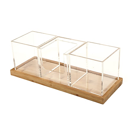 Mind Reader 4-Piece Acrylic Condiment Organizer Set With Bamboo Base, 5 3/8"H x 15 5/8"W x 5 3/4"D, Clear