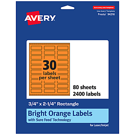Avery® Print-To-The-Edge Labels With Sure Feed® Technology And Easy Peel®, 94216-BOP80, Rectangle, 3/4" x 2-1/4", Matte Bright Orange, Pack of 2400
