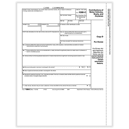 ComplyRight™ 1098-C Tax Forms, Donee Copy D, Laser, 8-1/2" x 11", Pack Of 50 Forms