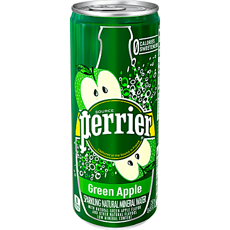 Perrier Flavored Sparkling Mineral Water, Green Apple, 8.45 Oz, Pack Of 30 Slim Cans