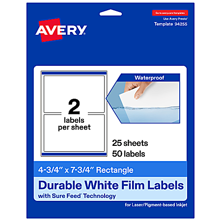 Avery® Waterproof Permanent Labels With Sure Feed®, 94255-WMF25, Rectangle, 4-3/4" x 7-3/4", White, Pack Of 50