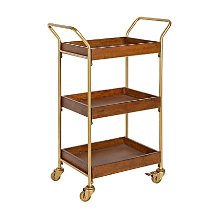Kate and Laurel Lloyd 3-Tier Metal Mid-Century Modern Transitional Bar Cart, 35"H x 23"W x 13"D, Walnut Brown/Gold