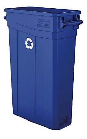 Suncast Commercial Narrow Rectangular Resin Trash Can, With Handles, 23 Gallons, 30"H x 11"W x 22"D, Blue Recycle