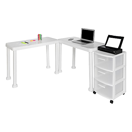 Inval Multi-Desk Set With Rolling Storage Cart, White