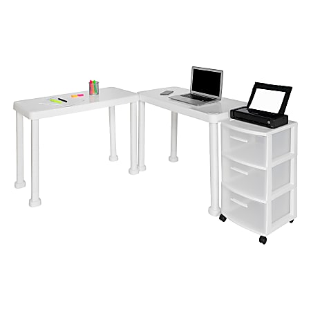 Inval 12"W Corner Desk Set With Rolling Storage Cart, White