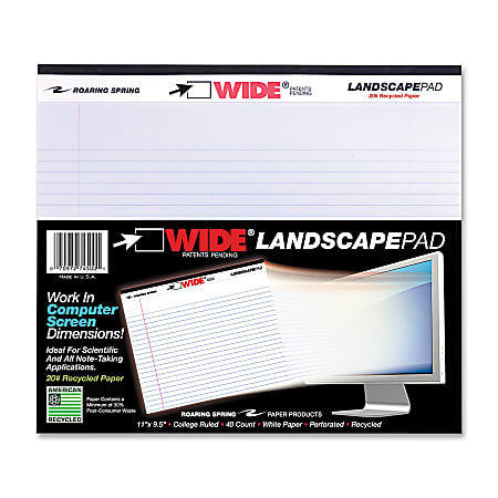 WIDE Landscape Format Writing Pad, Medium/College Rule, 11 x 9.5, White, 40 Sheets