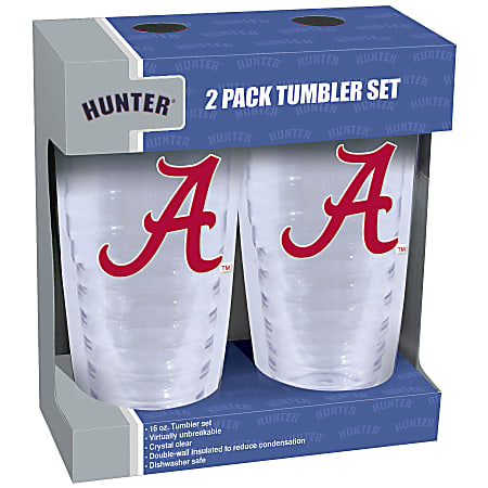 Hunter NCAA Slimline Tumblers, 16 Oz, Alabama Crimson Tide, Clear, Pack Of 2