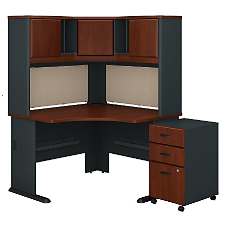 Bush Business Furniture Office Advantage 48"W Corner Desk With Hutch And Mobile File Cabinet, Hansen Cherry/Galaxy, Premium Installation
