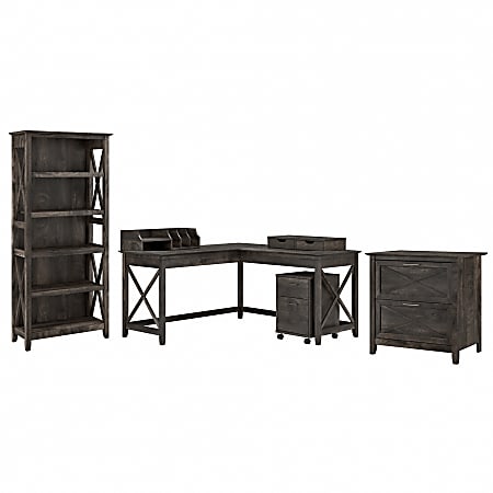 Bush Furniture Key West 60"W L-Shaped Desk With File Cabinets, Bookcase And Desktop Organizers, Dark Gray Hickory, Standard Delivery