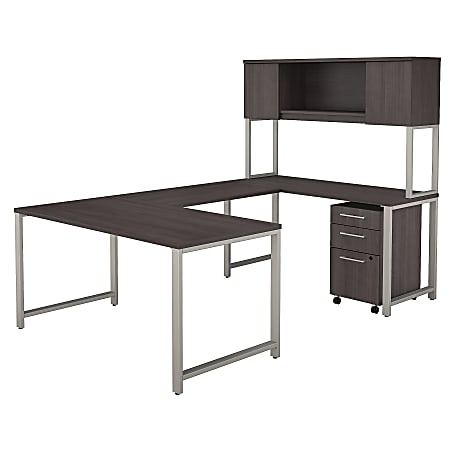 Bush Business Furniture 400 Series U Shaped Table Desk with Hutch and 3 Drawer Mobile File Cabinet, 60"W, Storm Gray, Premium Installation