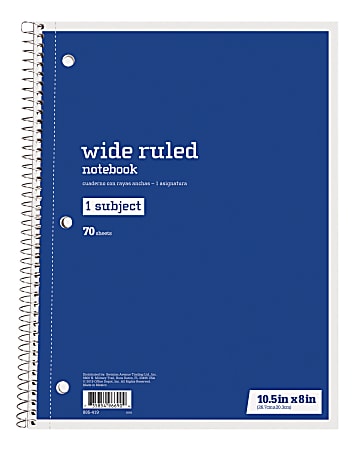 Just Basics® Spiral Notebook, 8" x 10-1/2", Wide Ruled, 70 Sheets, Blue