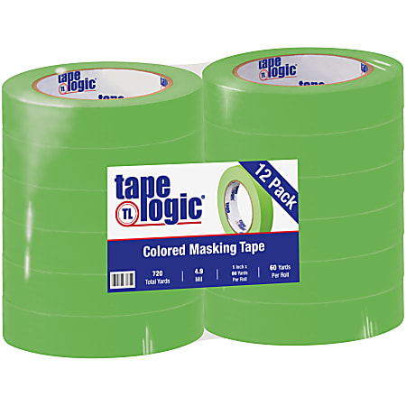 Tape Logic® Color Masking Tape, 3" Core, 1" x 180', Light Green, Case Of 12