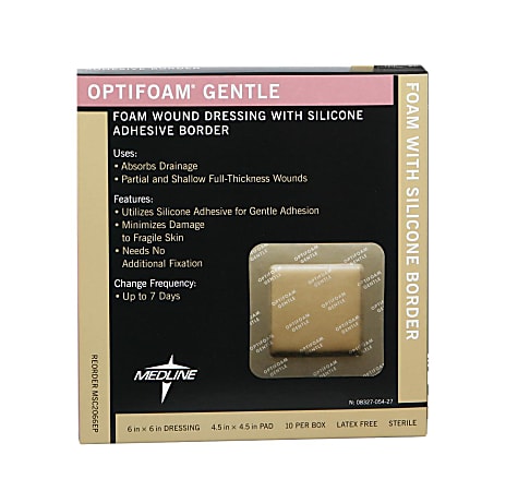 Medline Optifoam Gentle Silicone Border Dressings, 6" x 6", Tan, Pack Of 10