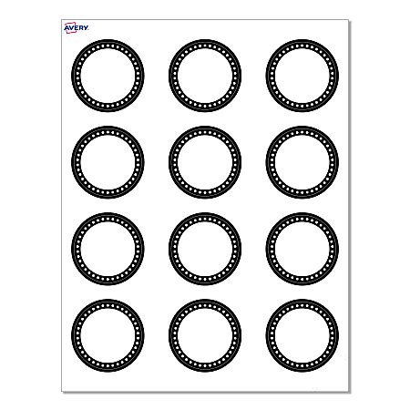 Avery® Print-To-The-Edge Cards With Sure Feed®, S00-D27-PRMWC10, 2" Round, Matte White, Preprinted Black & White Polka Dots Design, Pack Of 120
