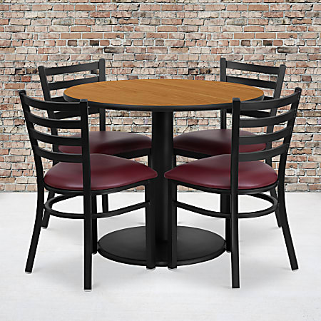 Flash Furniture Round Laminate Table Set With Round Base And 4 Ladder-Back Metal Chairs, 30"H x 36"W x 36"D, Natural/Burgundy